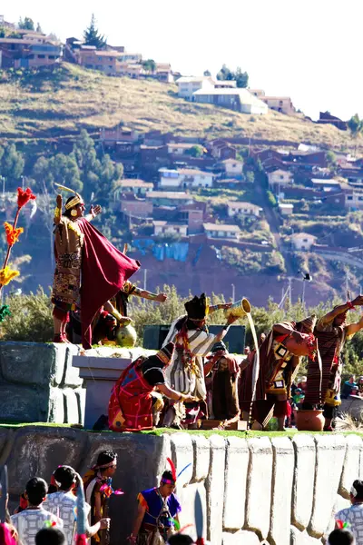 Фестиваль Інті Реймі Куско Перу Південна Америка Чоловіки Традиційному Костюмі Ліцензійні Стокові Зображення
