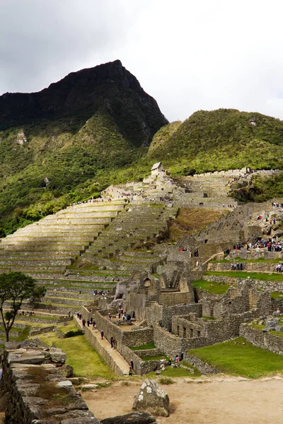 Туристи Досліджують Інку Кам Яні Руїни Мачу Пікчу Перу Південна Ліцензійні Стокові Зображення
