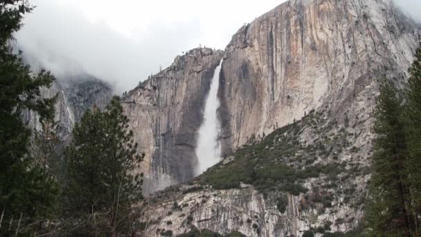 ホワイトクラウドロッククリフフェイスグリーンツリーカリフォルニアと上部ヨセミテ滝 — ストック動画