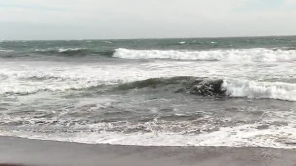 Lone Surfer Black Wetsuit Paddling Out Waves Overcast Sky Northern — Stock Video