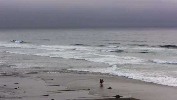 Kum Sahilindeki Okyanus Dalgaları Bulutlu Gökyüzü Yavaş Yavaş Yürüyen Nsanlarla — Stok video