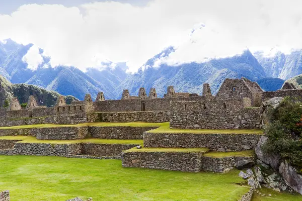 Machu Picchu Inca Stone Wall Ruins Terraces Green Grass Mountains Stock Photo