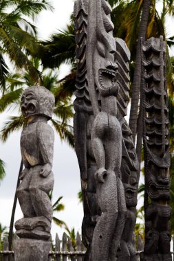 Kona, HI, 2011 - Hawaii Büyük Adası Palmiye Ağaçları Açık Hava Bulutlu Büyük Ahşap Heykeller