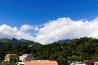 Papeete, Fransız Polinezyası - 10 Mayıs 2024: Mavi Gök Beyaz Bulutları Yeşil Ağaçlar Binaları Tahiti Güney Pasifik