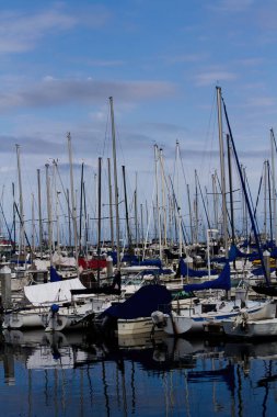 Monterey, California, ABD - 17 Ekim 2015: Marina Mavi Gök Gürültüsüne ve Sudaki Yansımalara Karşı Direkli Kayıklar