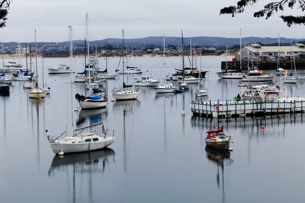 Monterey, California, ABD - 17 Ekim 2015: Rıhtımdaki ve tepelerdeki Uzun Maruziyetli Sabah Tekneleri