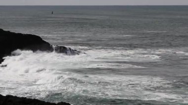 Volkanik kaya kıyılı Okyanus Dalgaları ve Oregon Körfezi 'ndeki şamandıra 