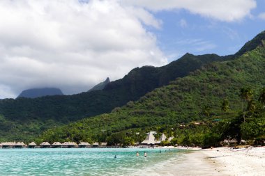 Moorea, Fransız Polinezyası - 17 Mayıs 2024: Sahil Okyanusu Su Turistleri Ağaçlı Dağlar ve Bulutlu Gökyüzü