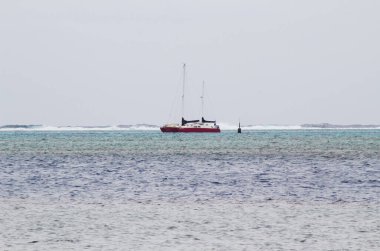 Moorea, Fransız Polinezyası - 18 Mayıs 2024: Resifteki Dalgıçların İçindeki Katamaran Yelkenlisi