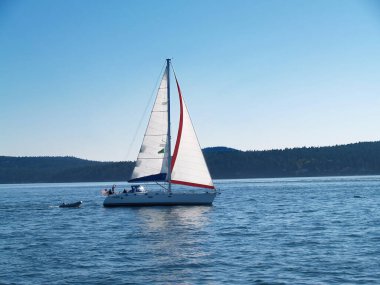 Birch Bay, Washington, ABD - 13 Ağustos 2006: Ağaç Kaplama Tepeli Küçük Tekne Altında Büyük Yelkenli Tekne