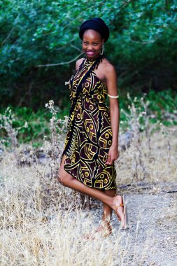 Çekici, gülümseyen Afro-Amerikan Kadın açık havada desenli elbisesi ve siyah başörtüsüyle duruyor.