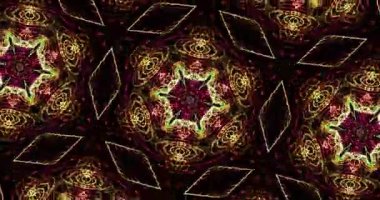 Mor yeşil sarı çizgiler içinde koyu arka plan üzerinde soyut Kaleidoscope desenleri