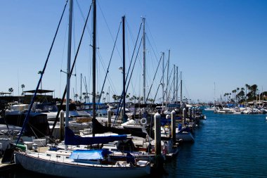 Oceanside, California, ABD - 08 Nisan 2024: Mavi Su ve Gökyüzü ile Dolu Marina
