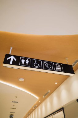 Tuvalet, Engelli Tesisi, Bebek Odası ve Alışveriş Merkezi Tavanında Asılı Asansör Yön Tabelaları