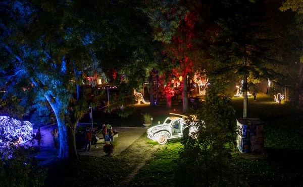 Maďarsko Budapešť 2022 Světelná Show Lumina Park Pět Kontinentů Zastoupení — Stock fotografie