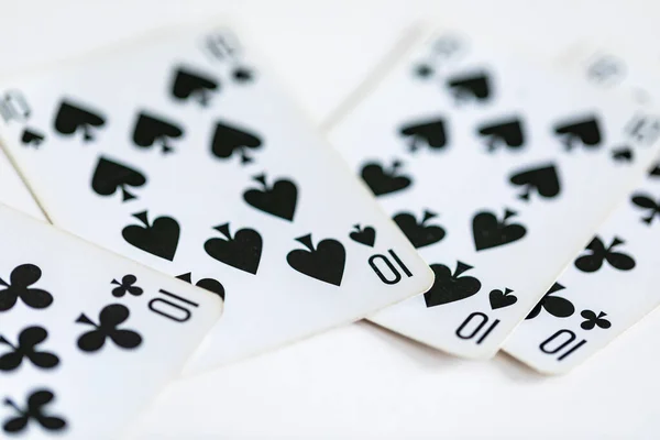 Tízes Szett Kártyák Szétszórva Asztalon — Stock Fotó