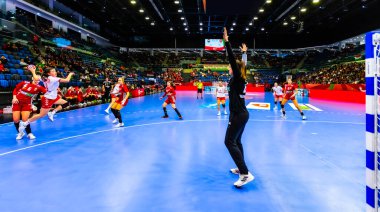 Macaristan Tatabanya - 28 Şubat 2024: Hentbol Kadınlar EHF EURO 2024 ön eleme karşılaşması Macaristan - İsviçre 38: 26.