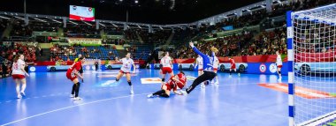 Macaristan Tatabanya - 28 Şubat 2024: Hentbol Kadınlar EHF EURO 2024 ön eleme karşılaşması Macaristan - İsviçre 38: 26.