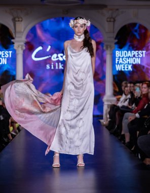 Budapeşte Macaristan, 22 Kasım: Budapeşte Moi İpek Sanatı Moda Haftası modeli podyumda 