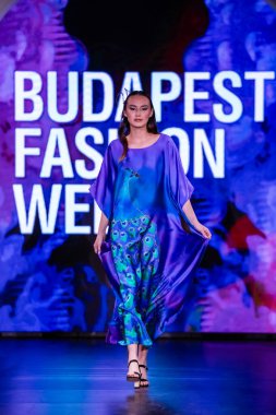 Budapeşte Macaristan, 22 Kasım: Budapeşte Moi İpek Sanatı Moda Haftası modeli podyumda 
