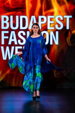 Budapeşte Macaristan, 22 Kasım: Budapeşte Moi İpek Sanatı Moda Haftası modeli podyumda 
