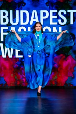 Budapeşte Macaristan, 22 Kasım: Budapeşte Moi İpek Sanatı Moda Haftası modeli podyumda 