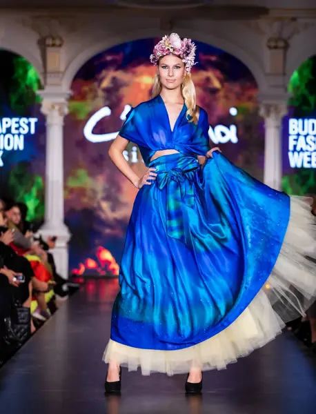 Budapeşte Macaristan, 22 Kasım: Budapeşte Moi İpek Sanatı Moda Haftası modeli podyumda 