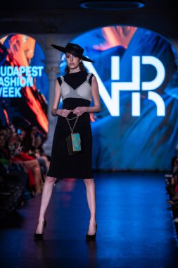 Macaristan Budapeşte 20 Eylül 2023 Budapeşte Moda Haftası. VHR Koleksiyonu. Cesurca ve çok seçkin bir moda tasarımı..