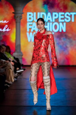 Macaristan Budapeşte. 21 Eylül 2024: Budapeşte Moda Haftası. Bayan Ilona Szabo Koleksiyonu. Cesurca ve çok seçkin bir moda tasarımı..