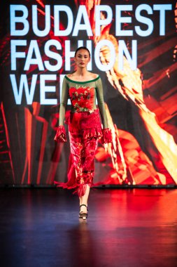 Macaristan Budapeşte 20 Eylül 2024: Budapeşte Moda Haftası. Bayan Andrea Zimits Koleksiyonu. Cesurca ve dikkat çekici bir moda tasarımı.