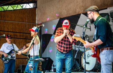 Dunaharaszty Macaristan Temmuz. 31 2024: Tanımlanamayan insanlar bir rock konserinde dans ediyorlar. Rockabilly.