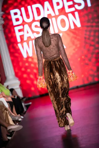 Macaristan Budapeşte 20 Eylül 2024: Budapeşte Moda Haftası. Bayan Andrea Zimits Koleksiyonu. Cesurca ve dikkat çekici bir moda tasarımı.