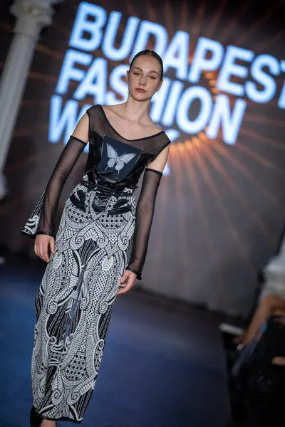 Macaristan Budapeşte 20 Eylül 2024: Budapeşte Moda Haftası. Bayan Andrea Zimits Koleksiyonu. Cesurca ve dikkat çekici bir moda tasarımı.