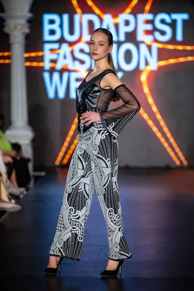 Macaristan Budapeşte 20 Eylül 2024: Budapeşte Moda Haftası. Bayan Andrea Zimits Koleksiyonu. Cesurca ve dikkat çekici bir moda tasarımı.