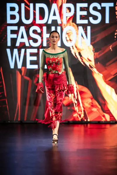 Macaristan Budapeşte 20 Eylül 2024: Budapeşte Moda Haftası. Bayan Andrea Zimits Koleksiyonu. Cesurca ve dikkat çekici bir moda tasarımı.