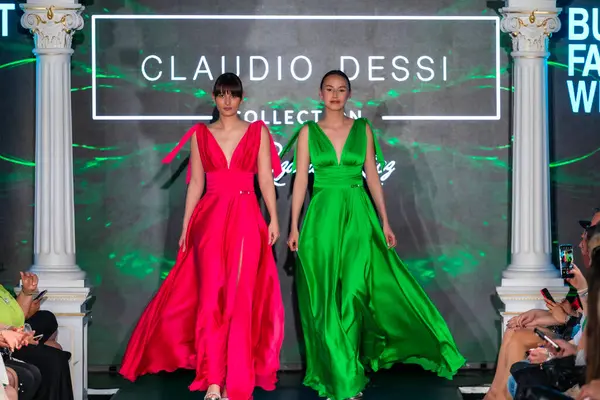 Macaristan Budapeşte 20 Eylül 2024: Budapeşte Moda Haftası. Claudio Dessi Koleksiyonu. Çok cüretkar ve dikkat çekici bir moda tasarımı.. 