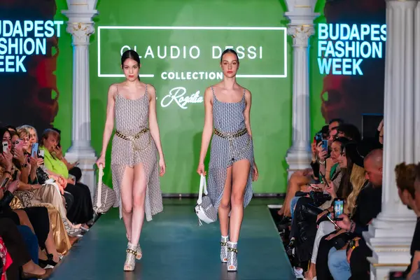 Macaristan Budapeşte 20 Eylül 2024: Budapeşte Moda Haftası. Claudio Dessi Koleksiyonu. Çok cüretkar ve dikkat çekici bir moda tasarımı.. 