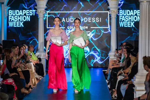 Macaristan Budapeşte 20 Eylül 2024: Budapeşte Moda Haftası. Claudio Dessi Koleksiyonu. Çok cüretkar ve dikkat çekici bir moda tasarımı.. 