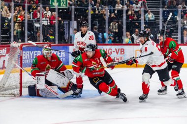 Macaristan Budapeşte Mayıs 05: 2025: Dünya Şampiyonası ısınma buz hokeyi maçı Kanada - Macaristan 6-0