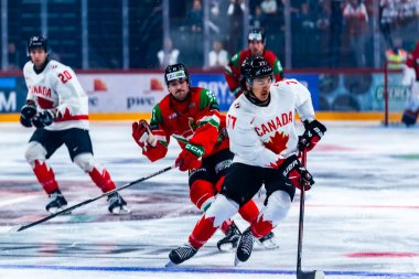 Macaristan Budapeşte Mayıs 05: 2025: Dünya Şampiyonası ısınma buz hokeyi maçı Kanada - Macaristan 6-0