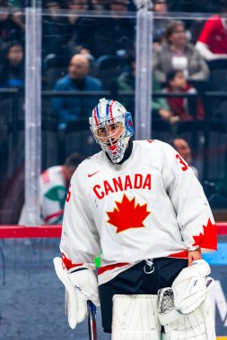 Macaristan Budapeşte Mayıs 05: 2025: Dünya Şampiyonası ısınma buz hokeyi maçı Kanada - Macaristan 6-0