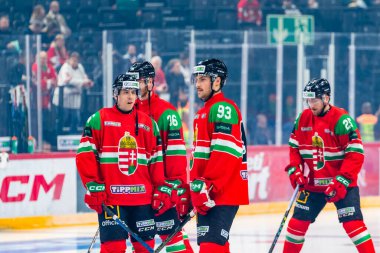 Macaristan Budapeşte Mayıs 05: 2025: Dünya Şampiyonası ısınma buz hokeyi maçı Kanada - Macaristan 6-0