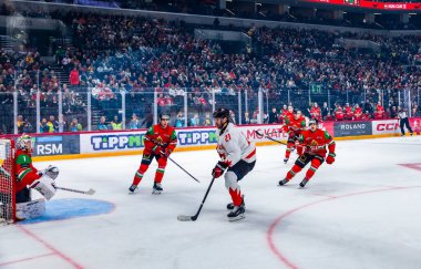 Macaristan Budapeşte Mayıs 05: 2025: Dünya Şampiyonası ısınma buz hokeyi maçı Kanada - Macaristan 6-0