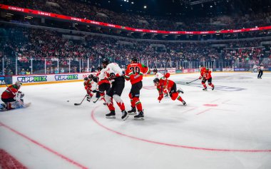 Macaristan Budapeşte Mayıs 05: 2025: Dünya Şampiyonası ısınma buz hokeyi maçı Kanada - Macaristan 6-0