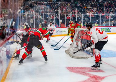 Macaristan Budapeşte Mayıs 05: 2025: Dünya Şampiyonası ısınma buz hokeyi maçı Kanada - Macaristan 6-0