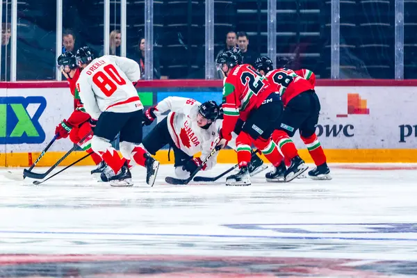 Macaristan Budapeşte Mayıs 05: 2025: Dünya Şampiyonası ısınma buz hokeyi maçı Kanada - Macaristan 6-0