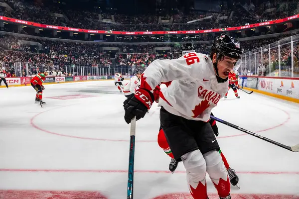 Macaristan Budapeşte Mayıs 05: 2025: Dünya Şampiyonası ısınma buz hokeyi maçı Kanada - Macaristan 6-0