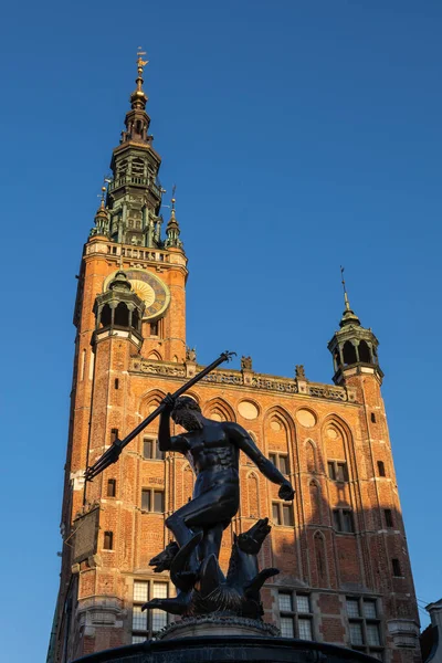 Edifício Neptune Fountain Main Town Hall Pôr Sol Cidade Gdansk — Fotografia de Stock
