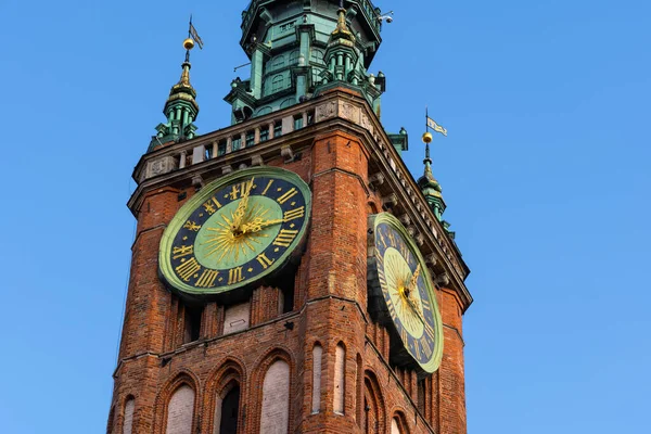 Zegary Wieży Ratusza Głównego Taras Widokowy Powyżej Gdańsku Polsce Gotycki — Zdjęcie stockowe