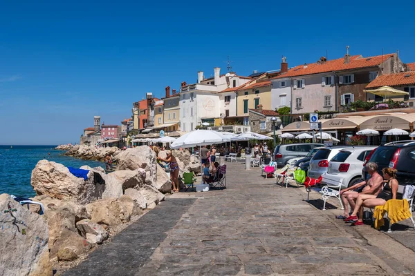 Piran Slowenien Juli 2022 Strandpromenade Ferienort Der Adria Südwestliche Slowenische — Stockfoto
